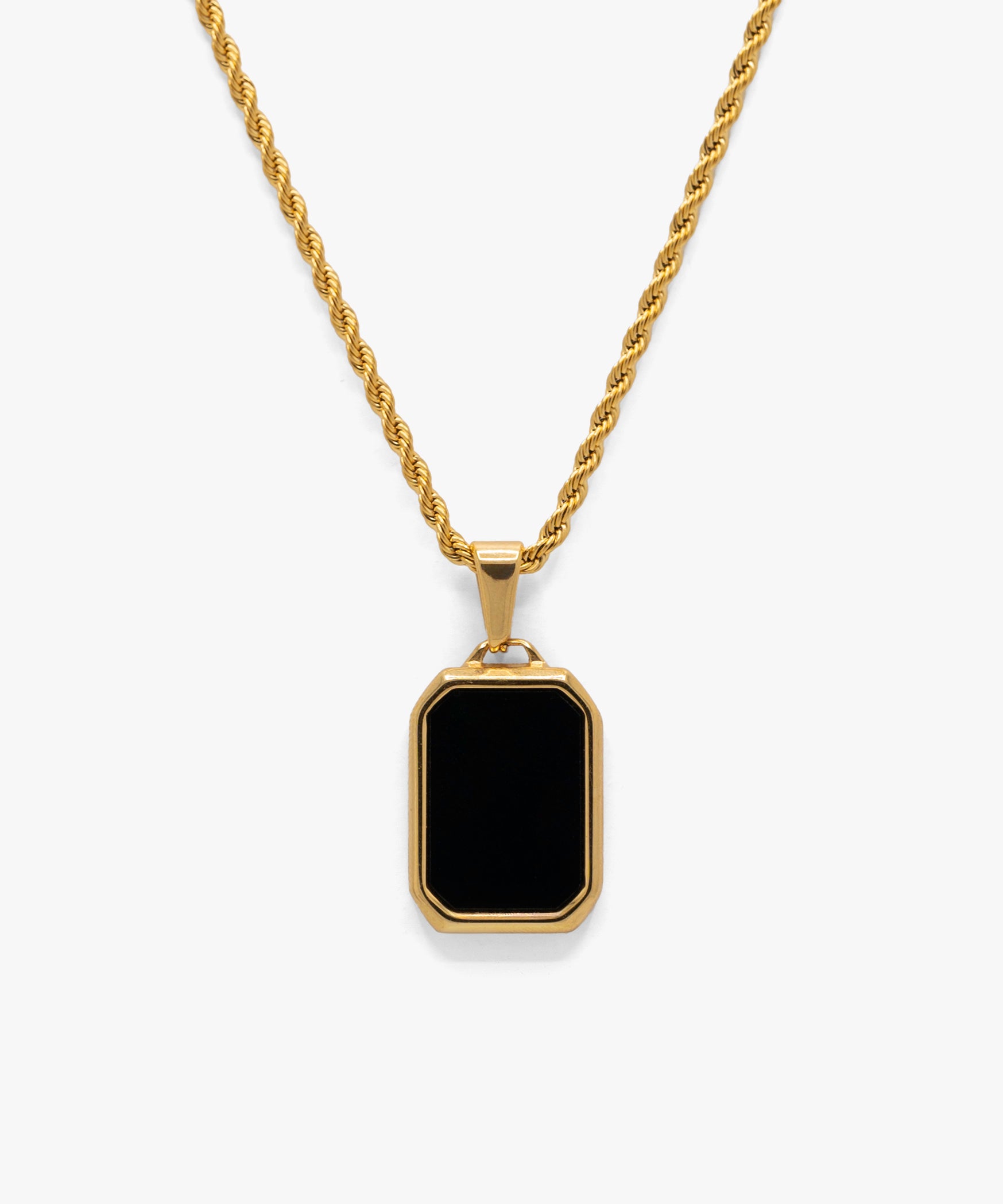 18k gold plated black stone rectangle pendant with rope chain necklace, from NOVUS Amsterdam