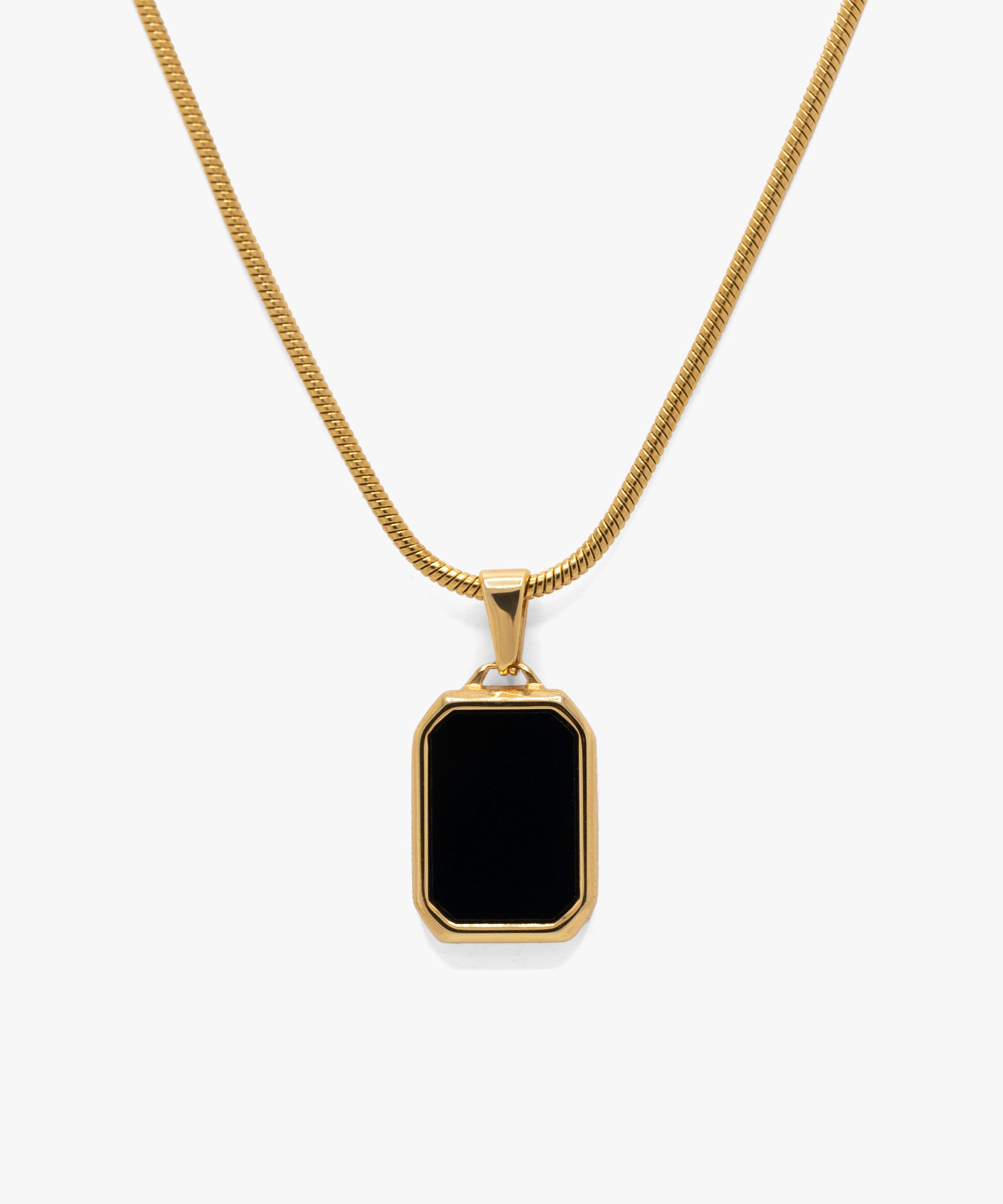 18k gold plated black stone rectangle pendant with snake chain necklace, from NOVUS Amsterdam