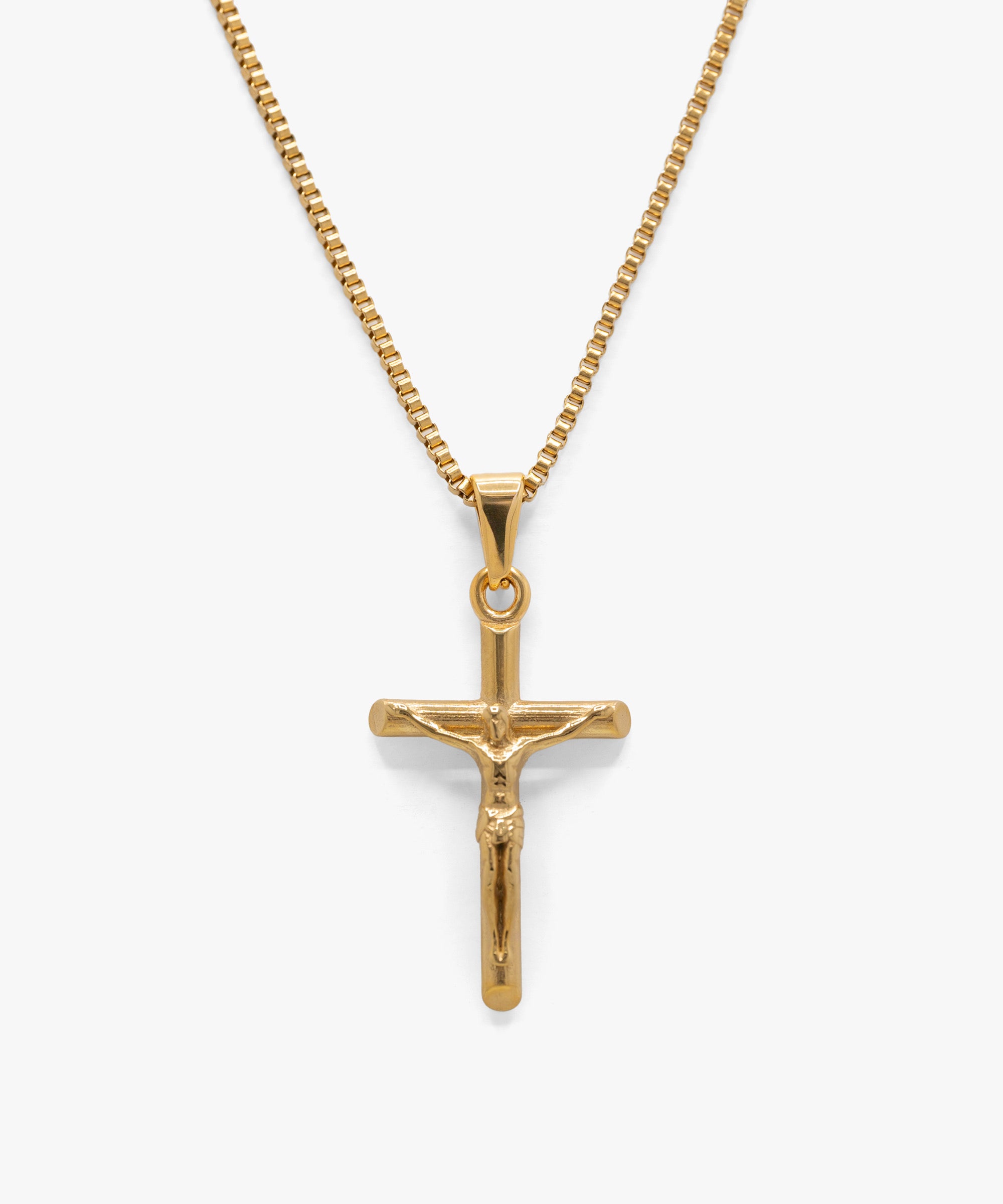 18k gold plated crucifix pendant with box chain necklace, from NOVUS Amsterdam