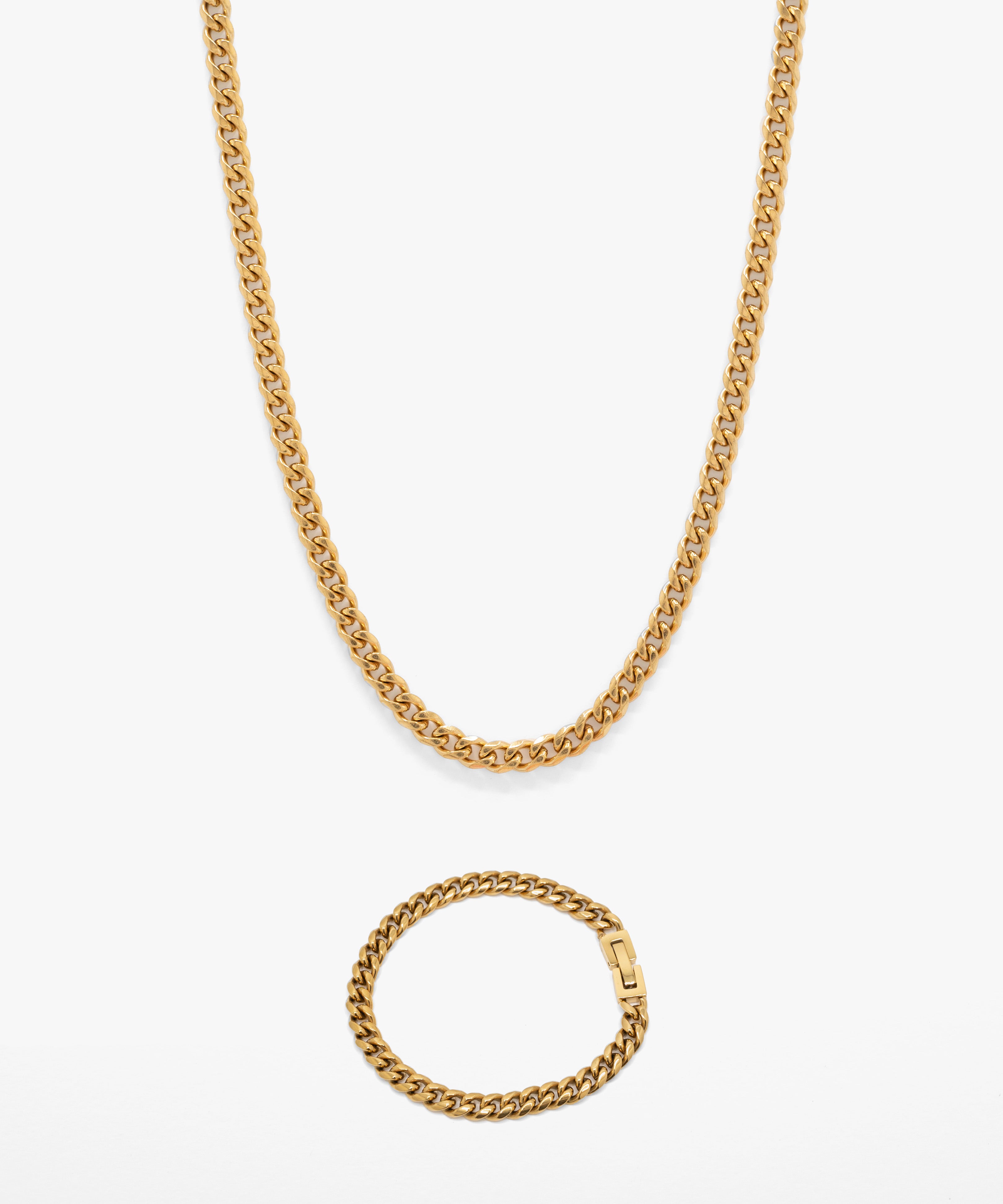 18k gold plated cuban chain necklace and bracelet, 6 mm width, from NOVUS Amsterdam