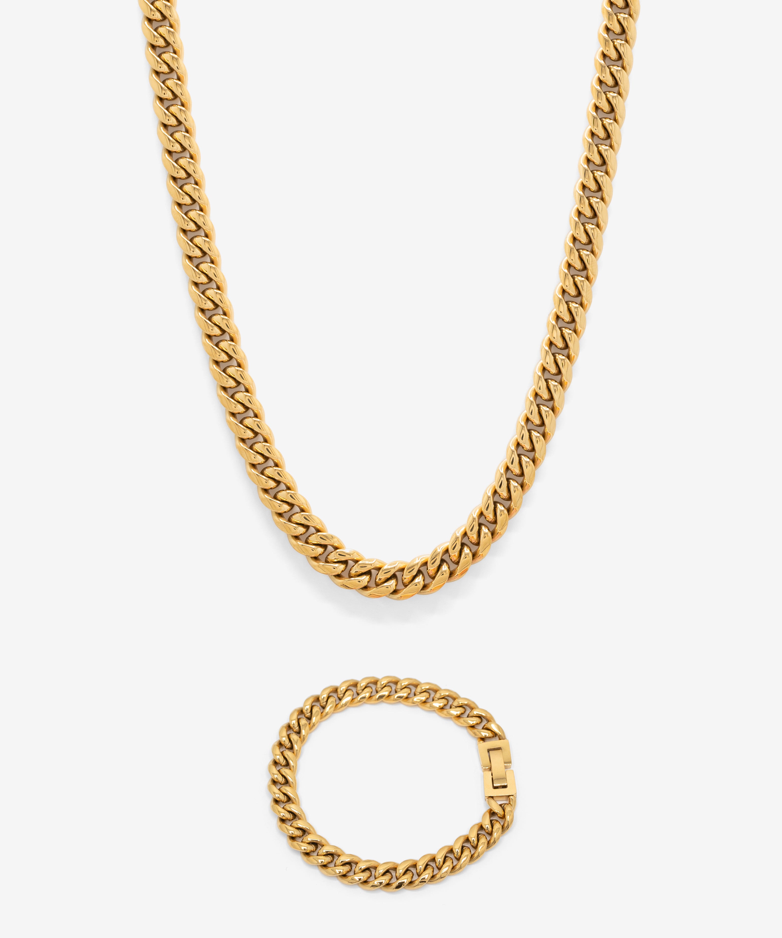 18k gold plated cuban chain necklace and bracelet, 8 mm width, from NOVUS Amsterdam