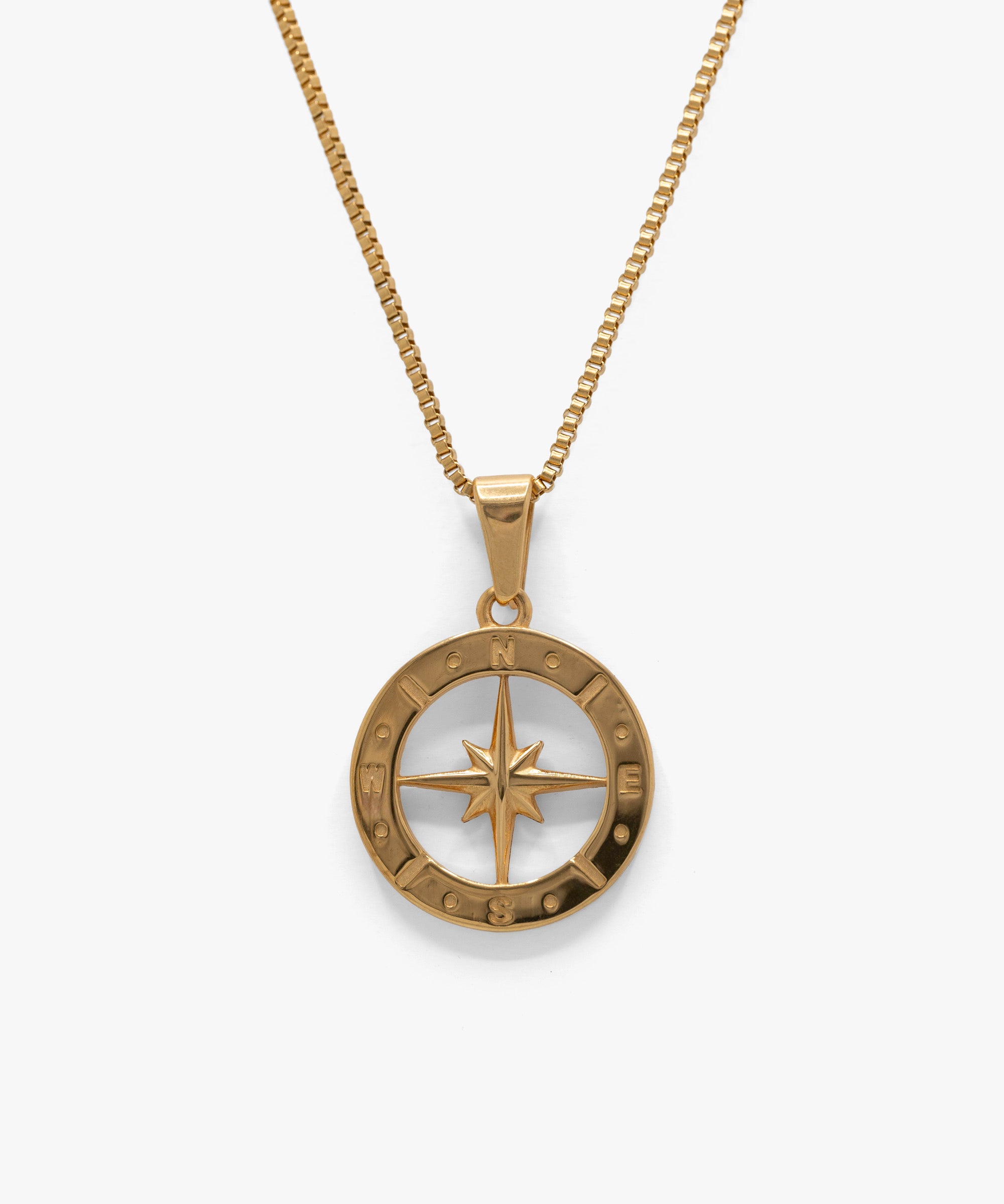 18k gold plated half compass pendant with box chain necklace, from NOVUS Amsterdam