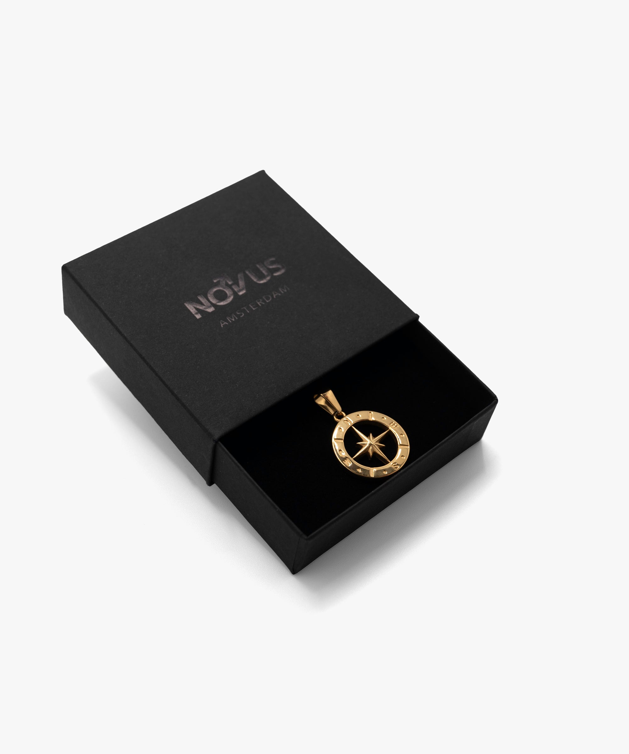 18k gold plated half compass pendant with jewelry box, from NOVUS Amsterdam