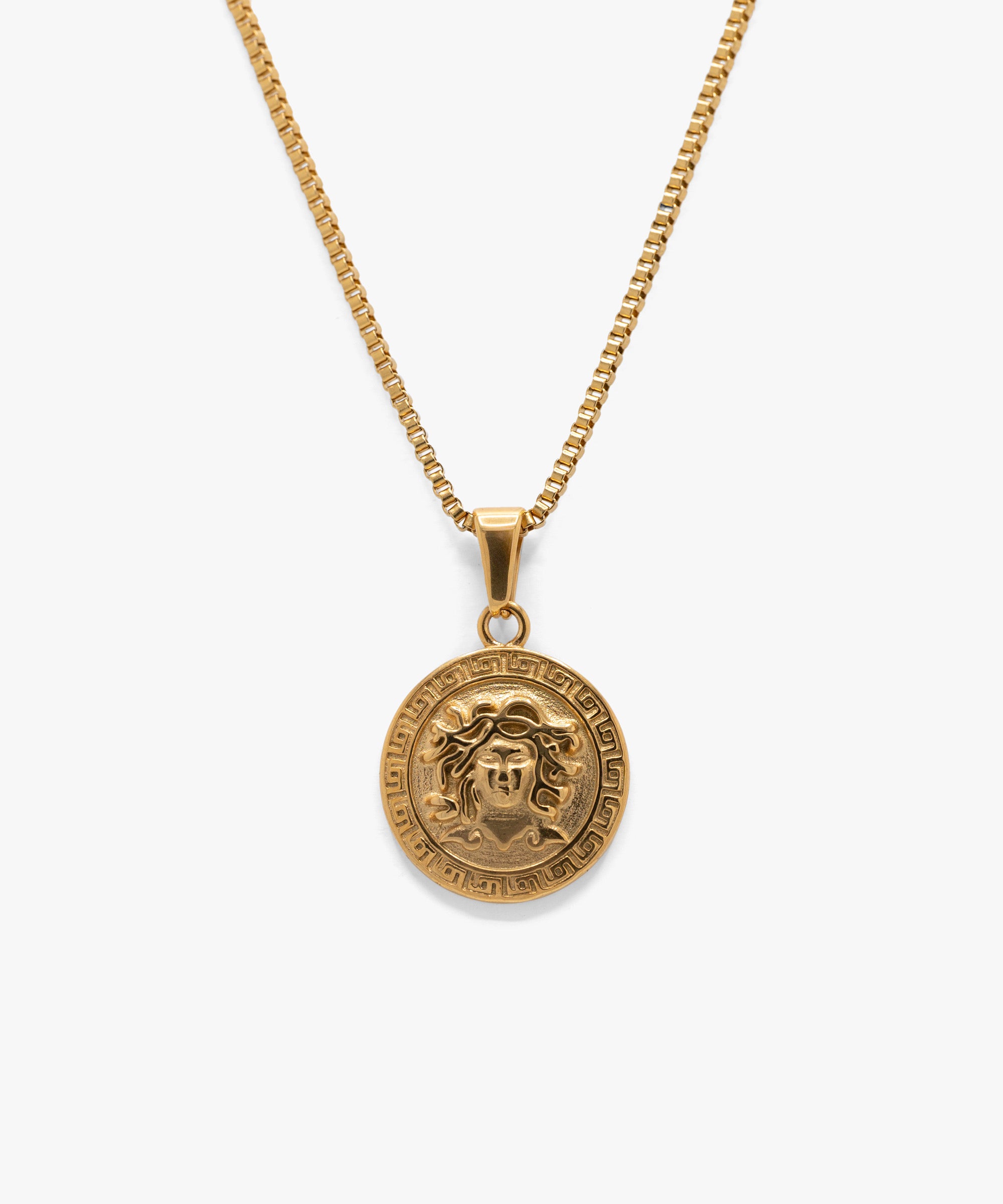 18k gold plated medusa pendant with box chain necklace, from NOVUS Amsterdam