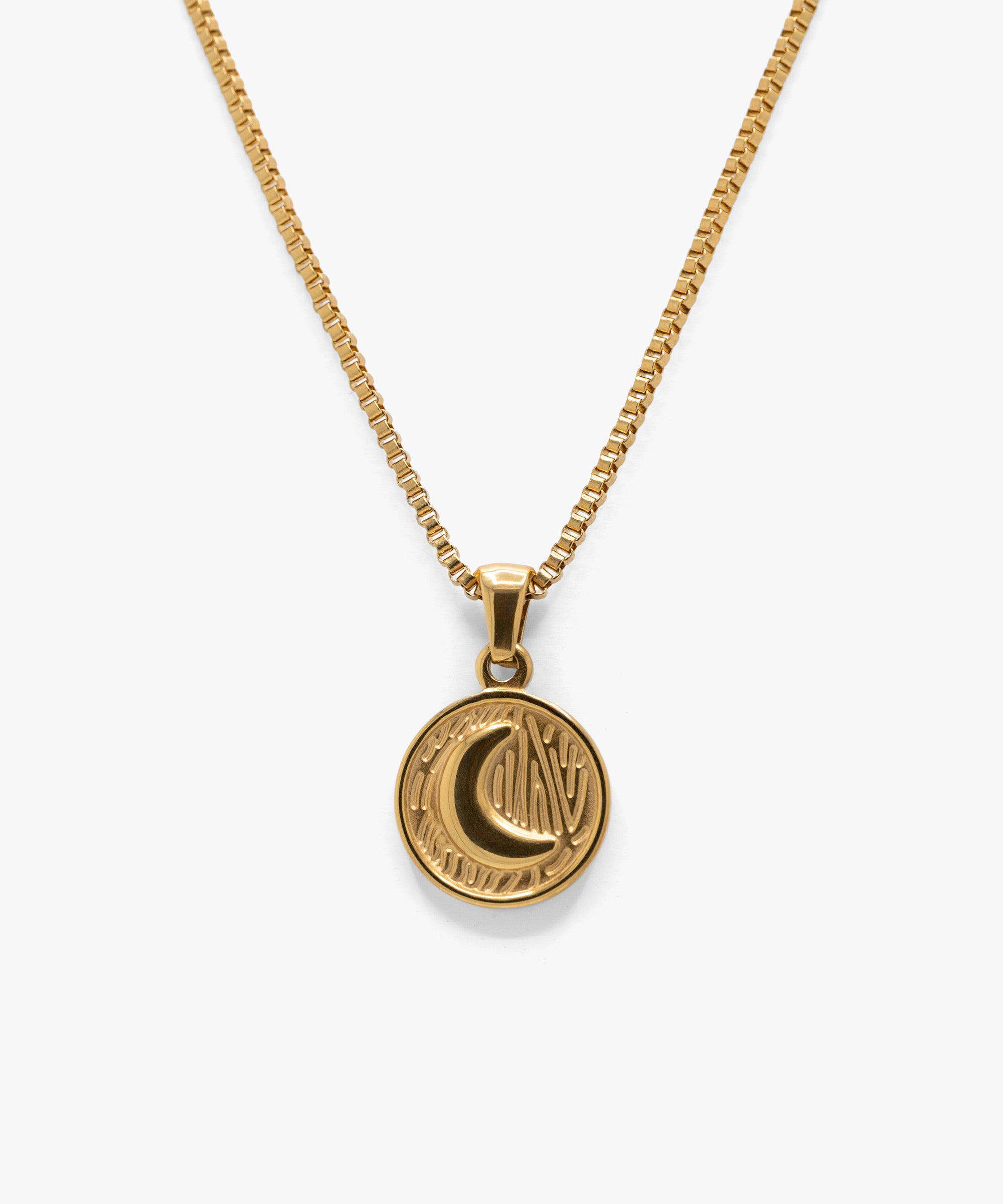 18k gold plated moon pendant with box chain necklace, from NOVUS Amsterdam