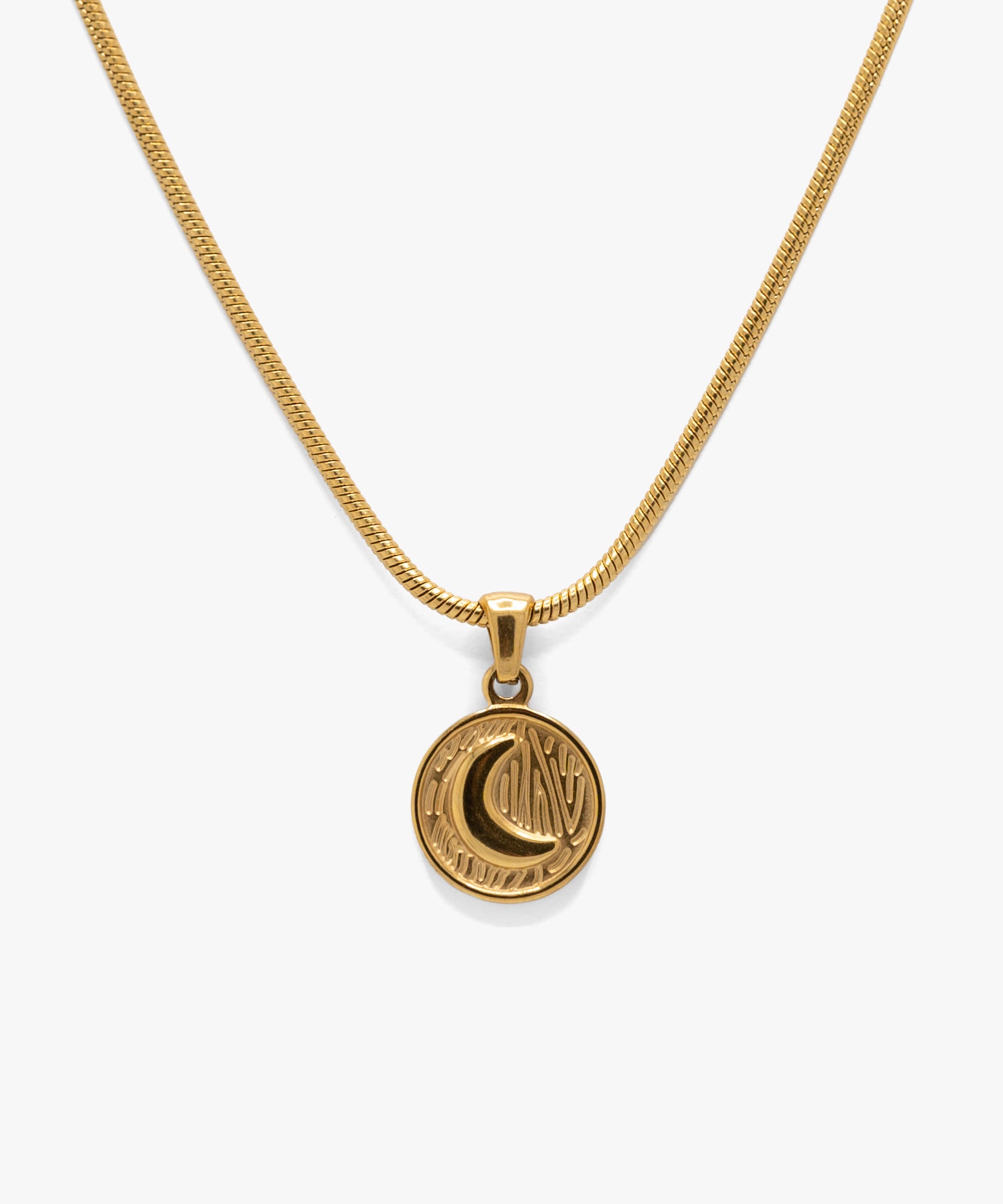 18k gold plated moon pendant with snake chain necklace, from NOVUS Amsterdam