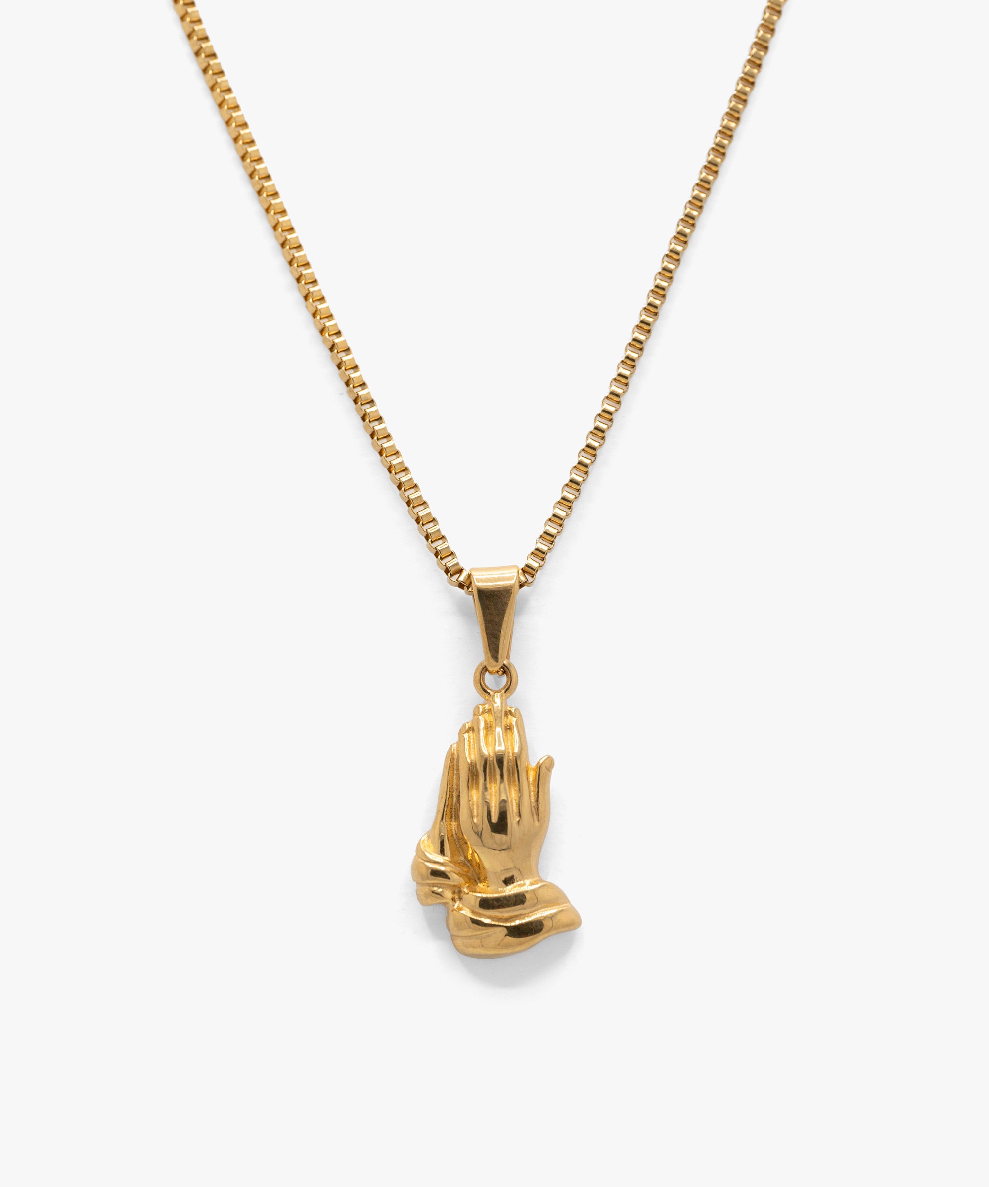 18k gold plated praying hands pendant with box chain necklace, from NOVUS Amsterdam