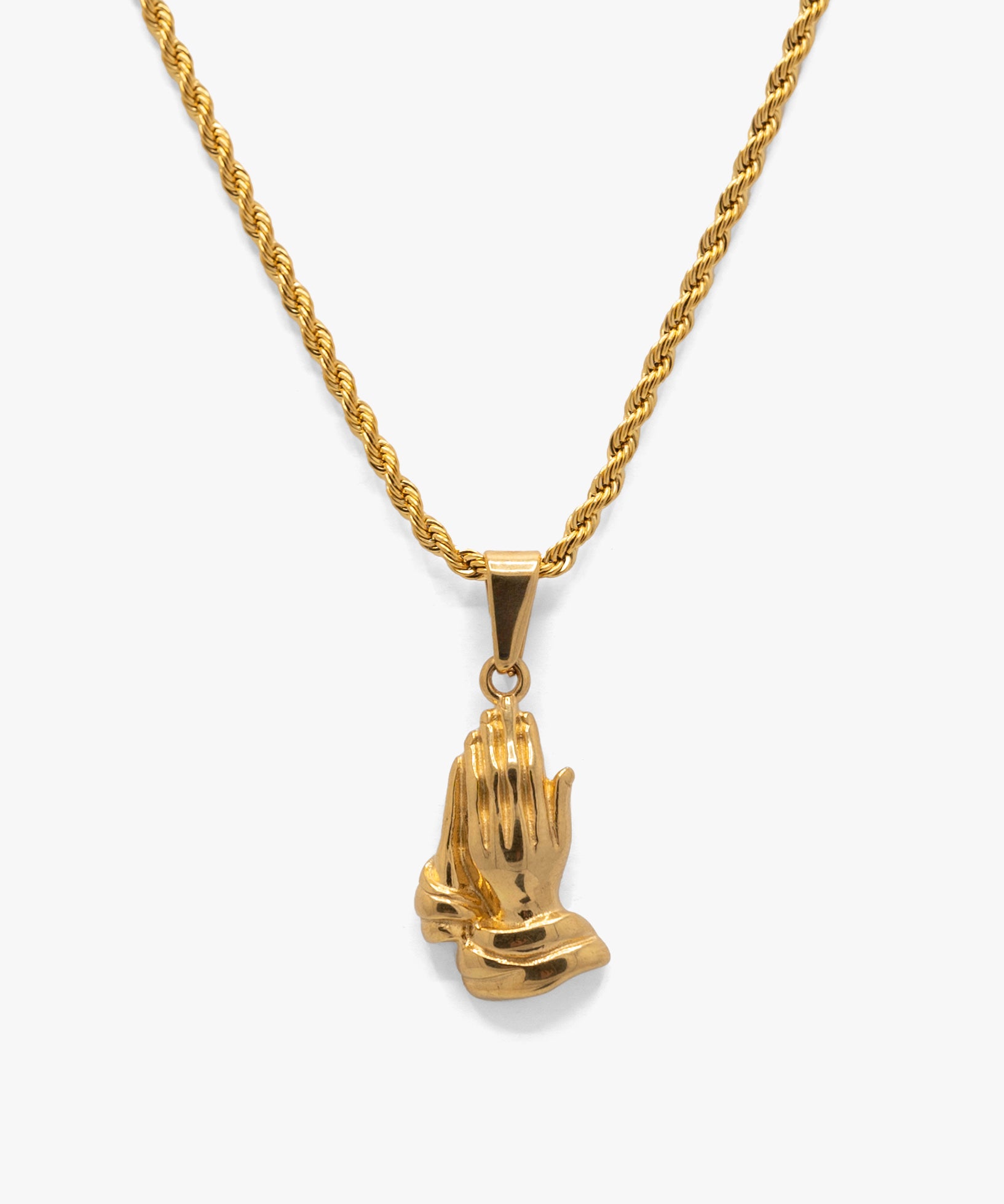 18k gold plated praying hands pendant with rope chain necklace, from NOVUS Amsterdam