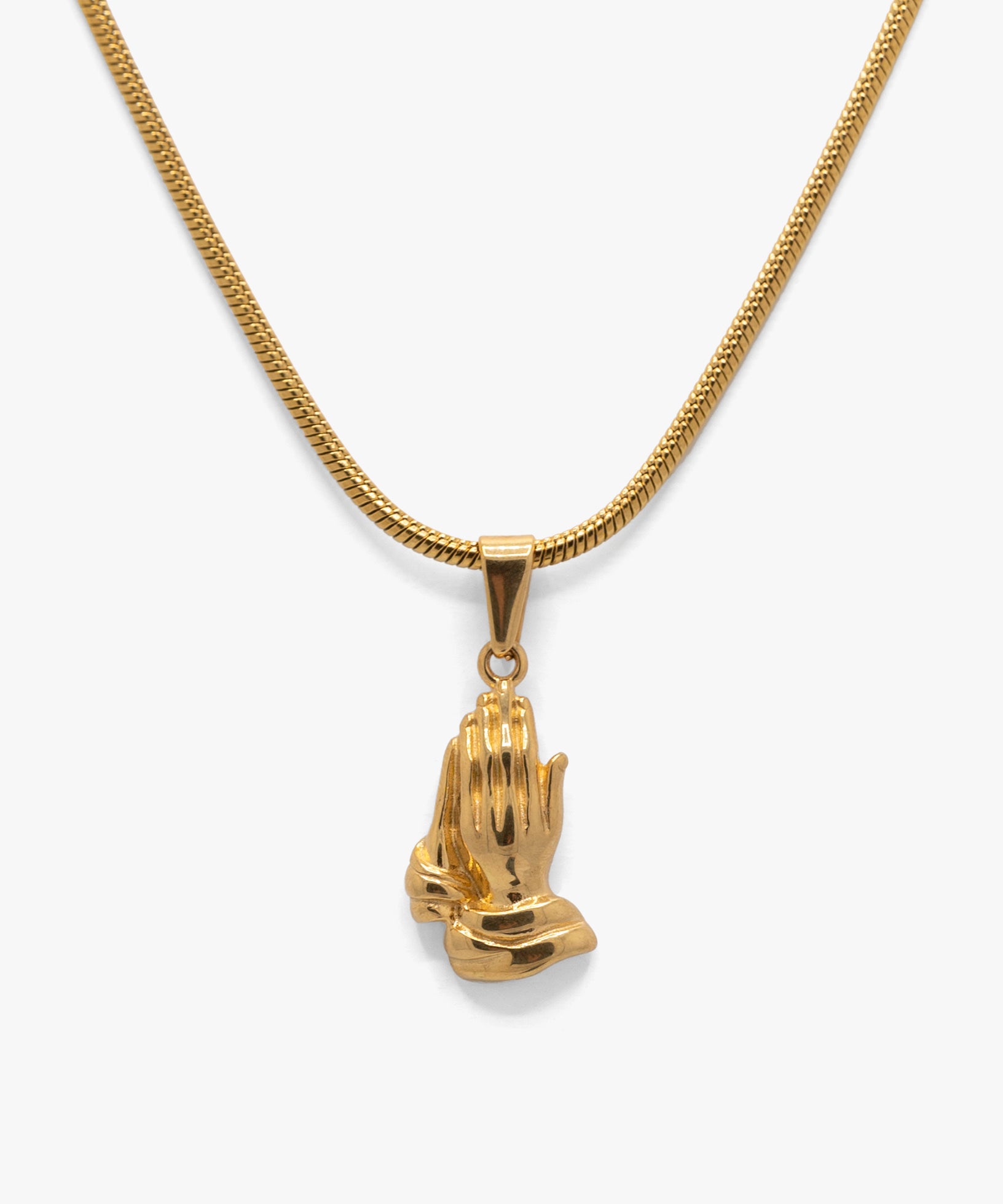 18k gold plated praying hands pendant with snake chain necklace, from NOVUS Amsterdam