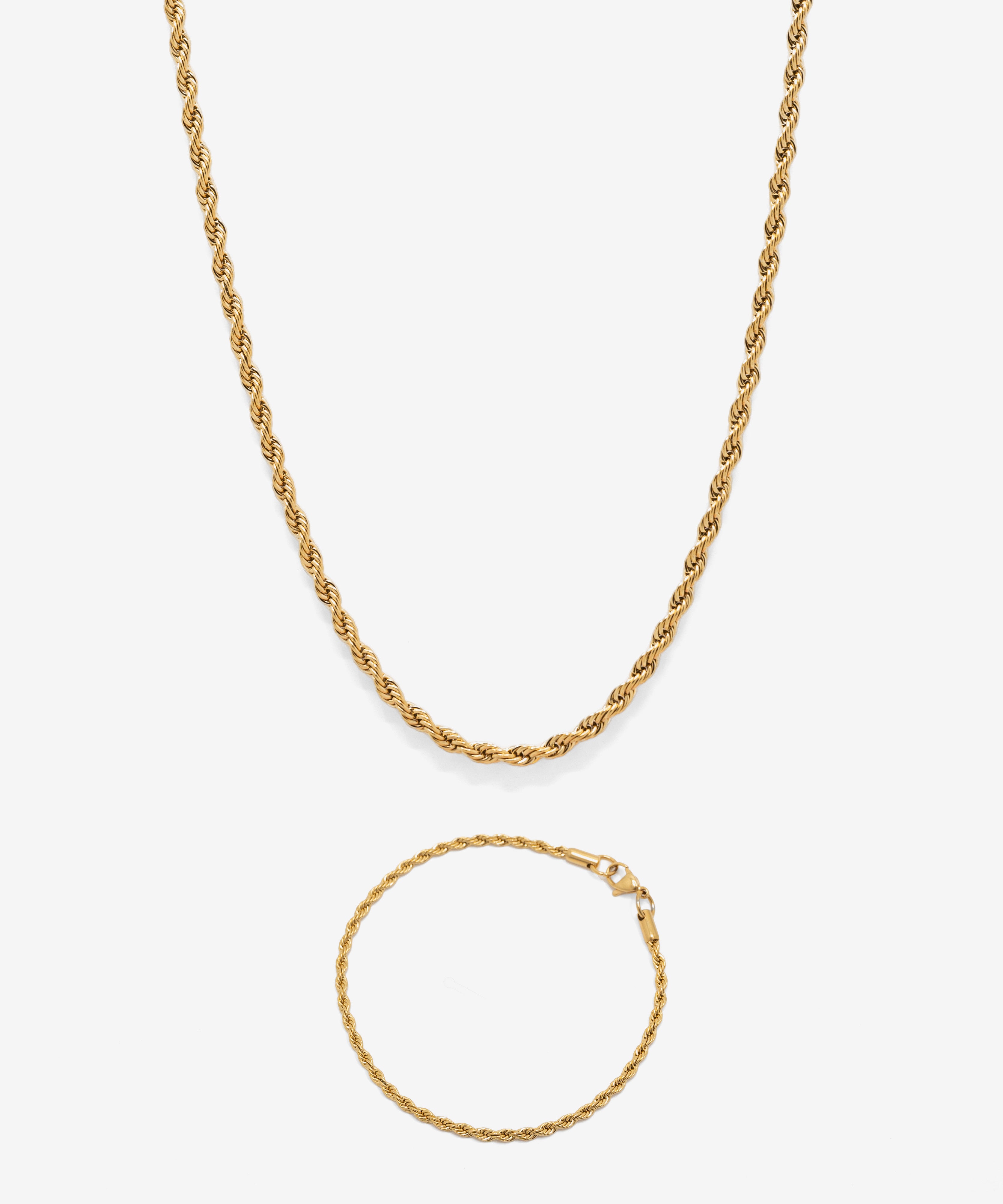 18k gold plated rope chain necklace and bracelet, 3 mm width, from NOVUS Amsterdam