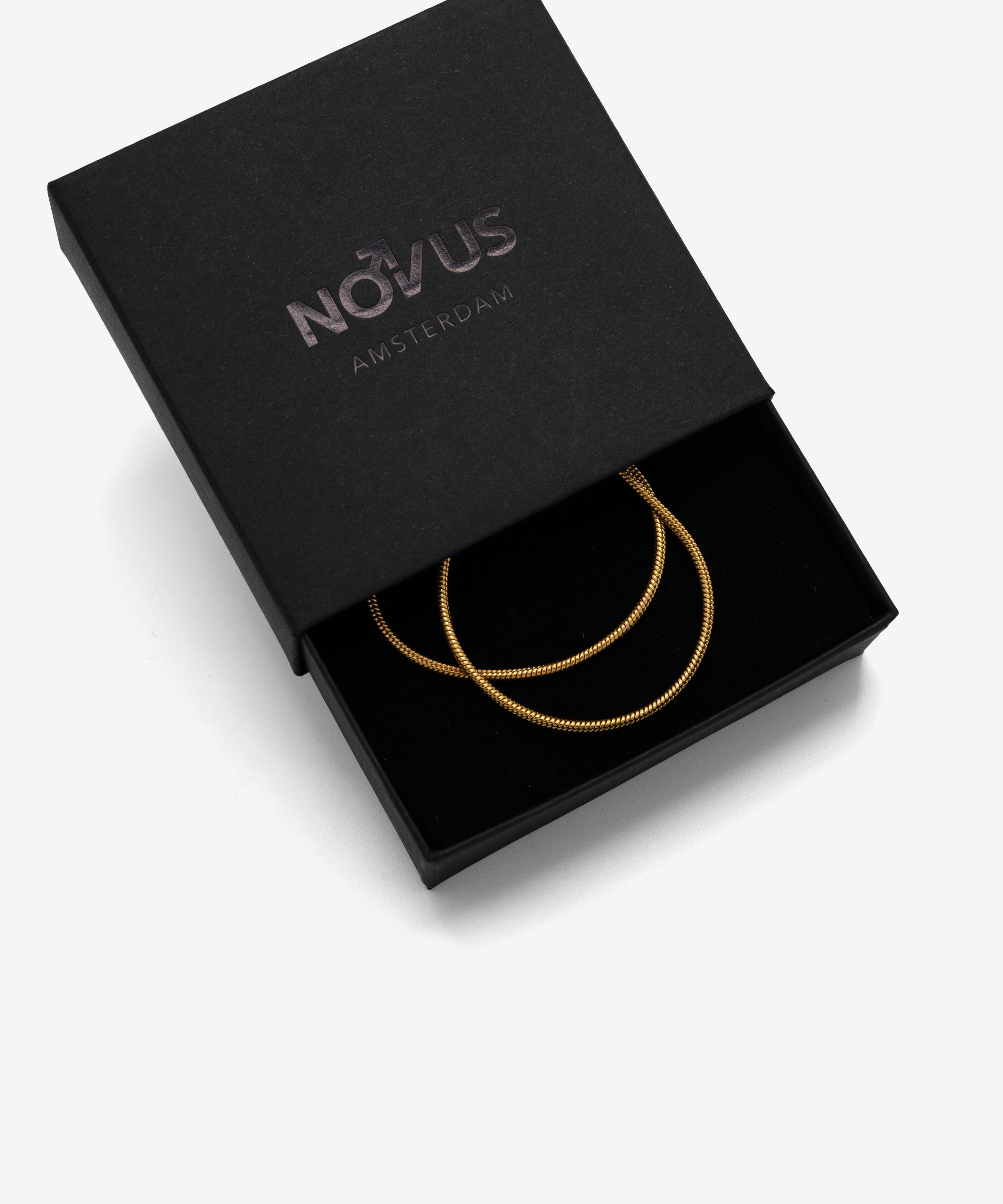 18k gold plated snake chain necklace with lobster clasp in jewelry box, 1.5 mm width, from NOVUS Amsterdam