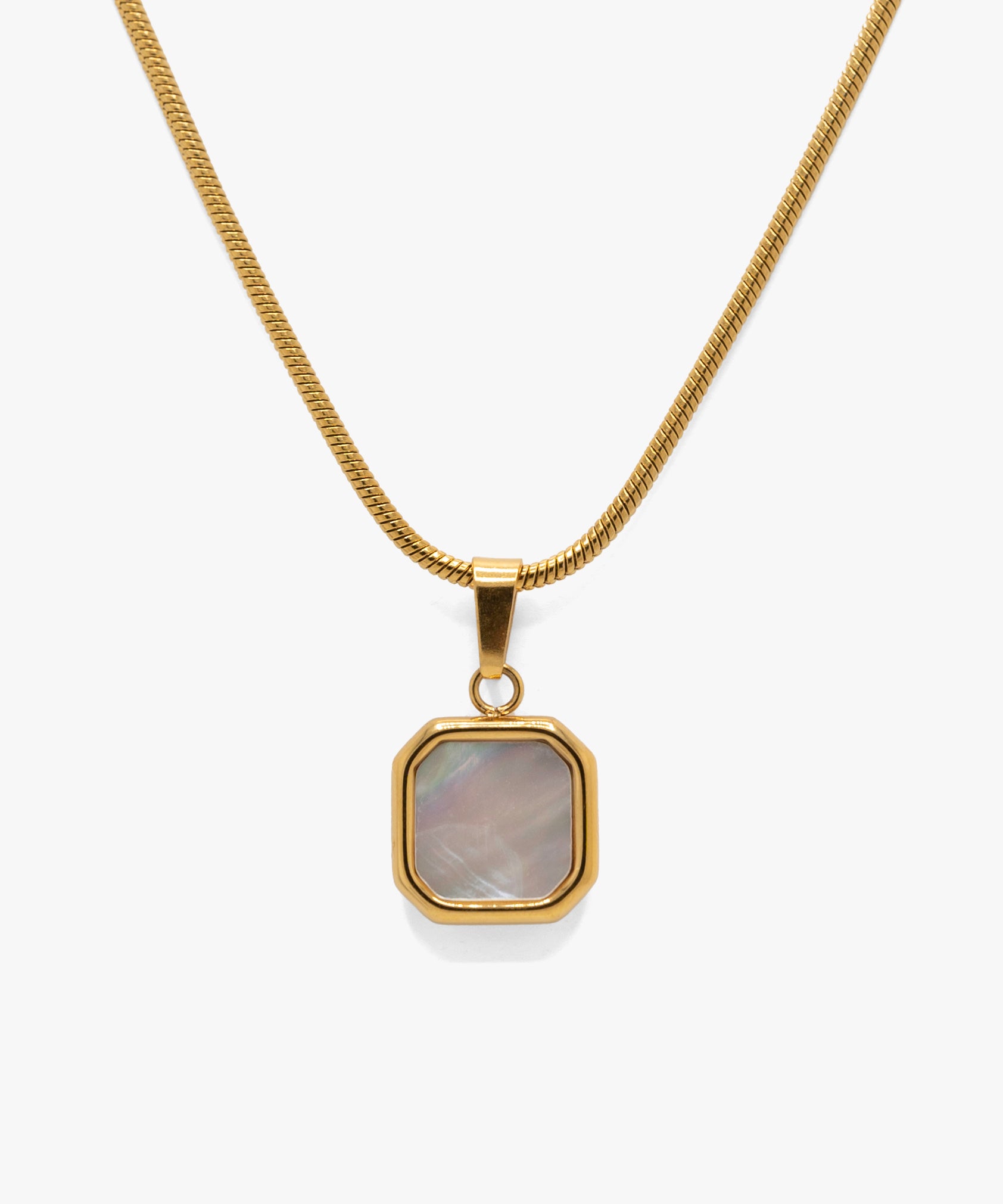 18k gold plated white stone pendant with snake chain necklace, from NOVUS Amsterdam