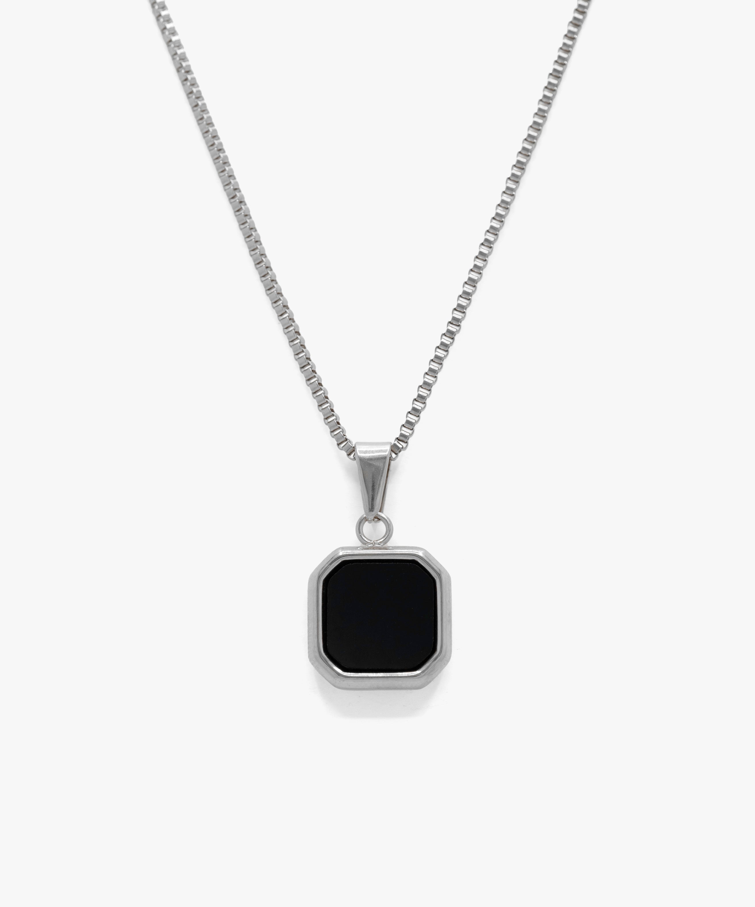 Silver black stone pendant with box chain necklace, from NOVUS Amsterdam