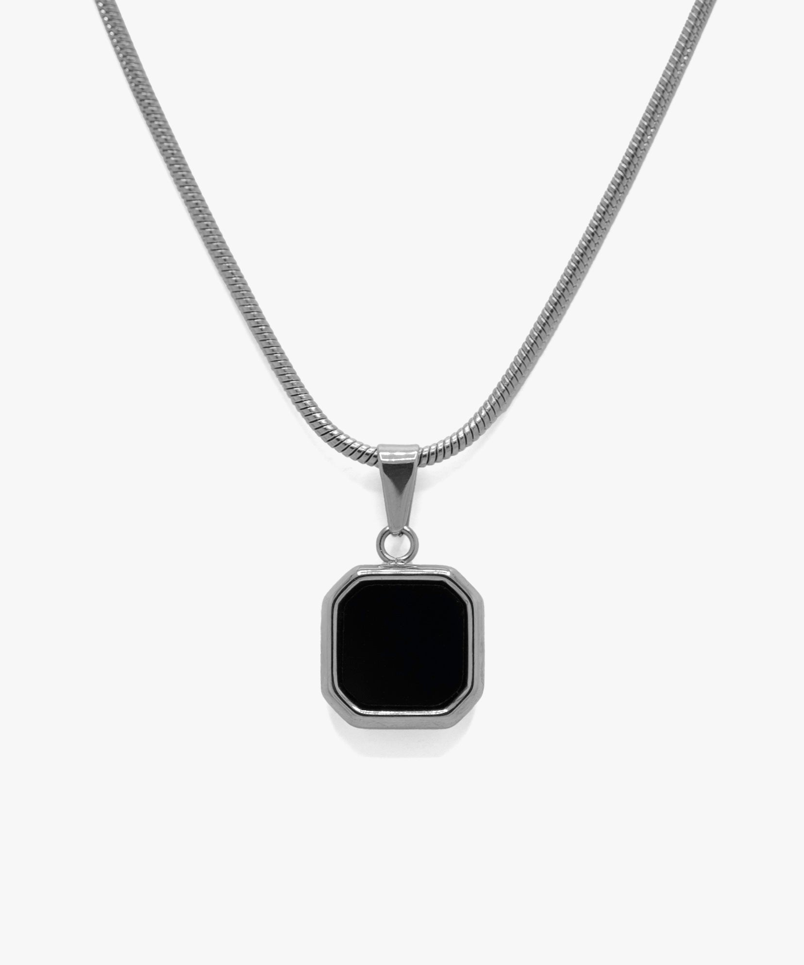 Silver black stone pendant with snake chain necklace, from NOVUS Amsterdam