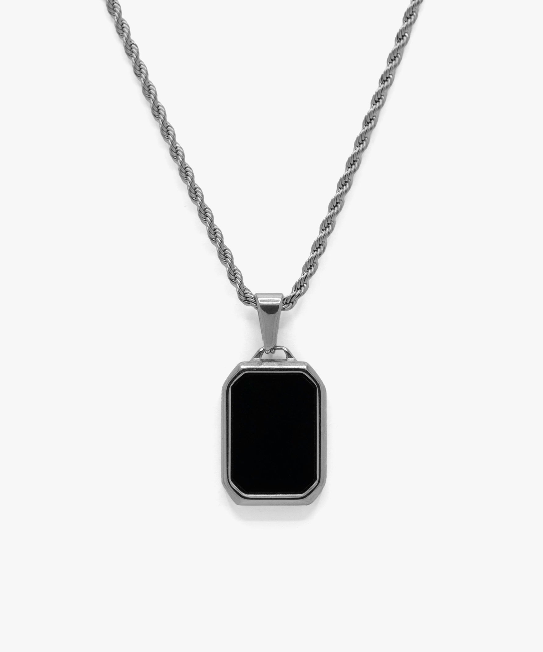 Silver black stone rectangle pendant with rope chain necklace, from NOVUS Amsterdam