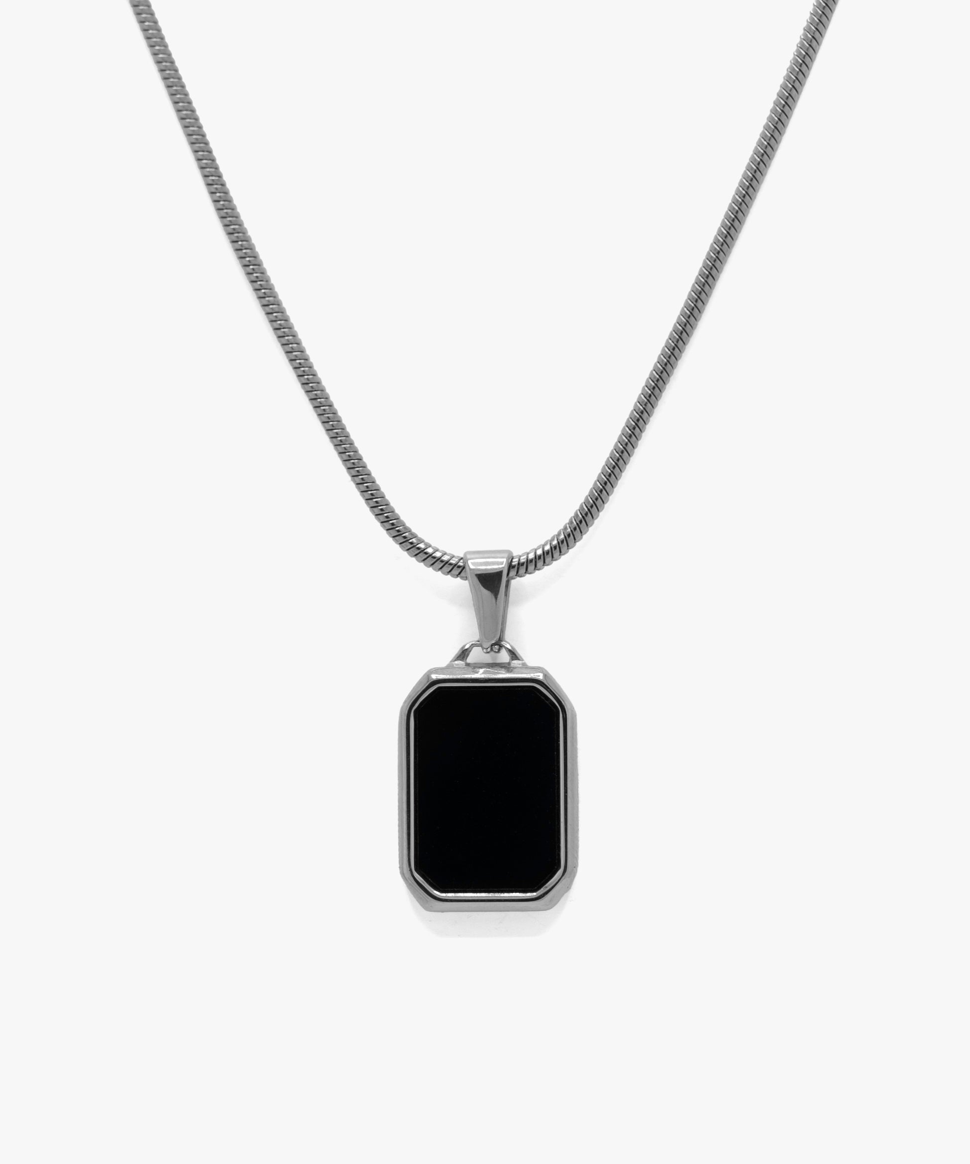 Silver black stone rectangle pendant with snake chain necklace, from NOVUS Amsterdam