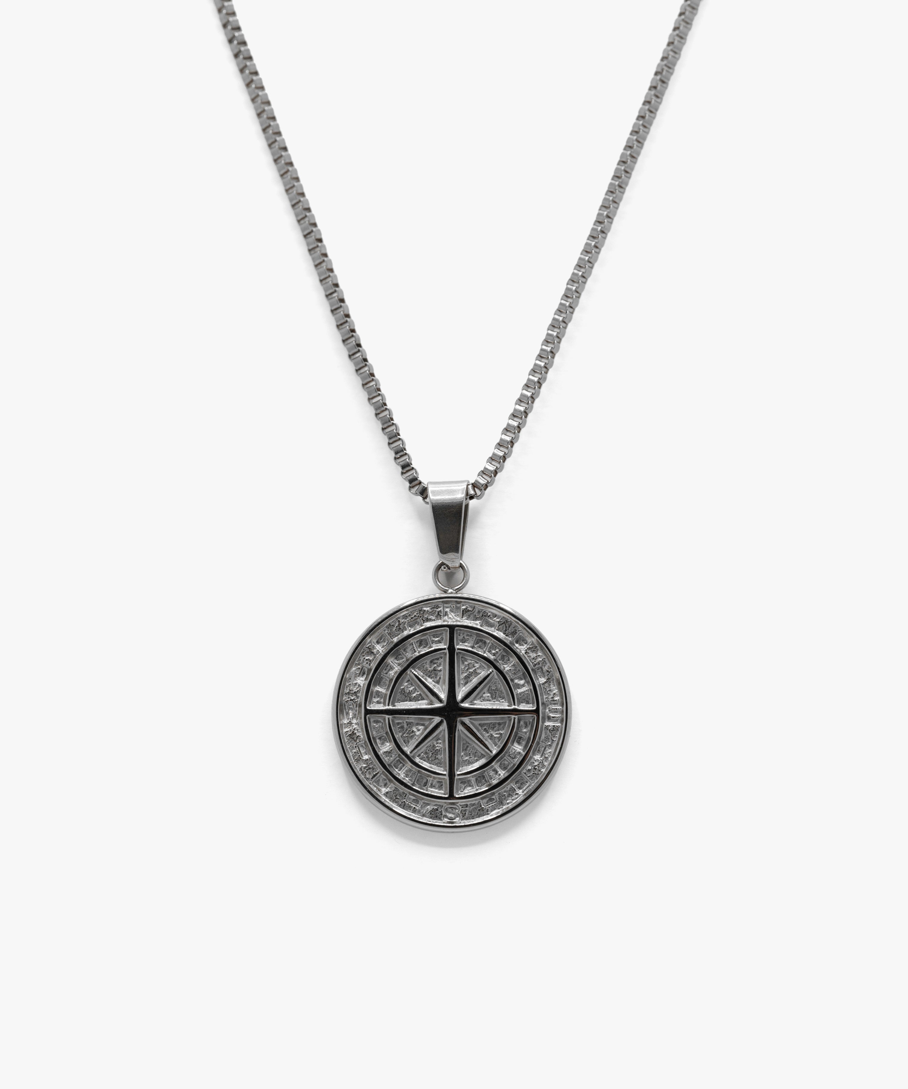 Silver compass pendant with box chain necklace, from NOVUS Amsterdam