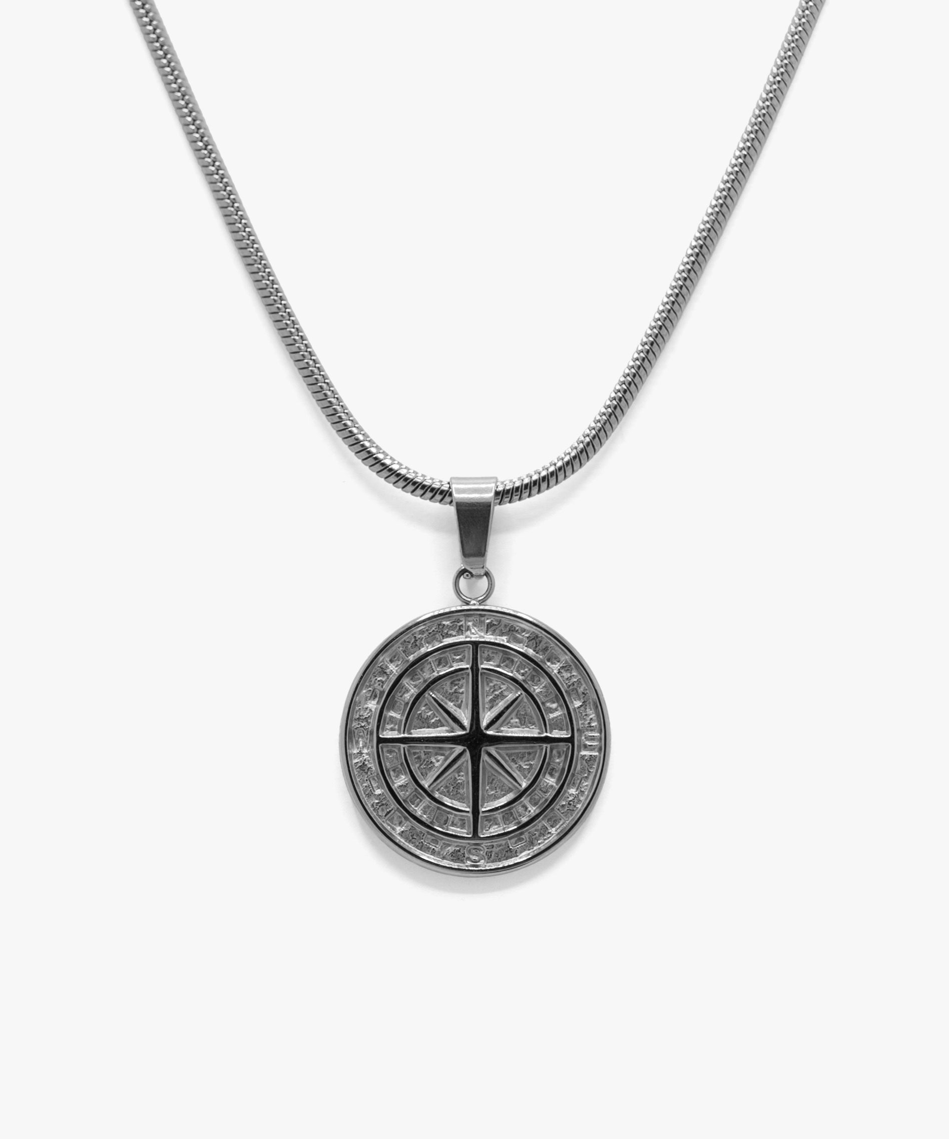 Silver compass pendant with snake chain necklace, from NOVUS Amsterdam