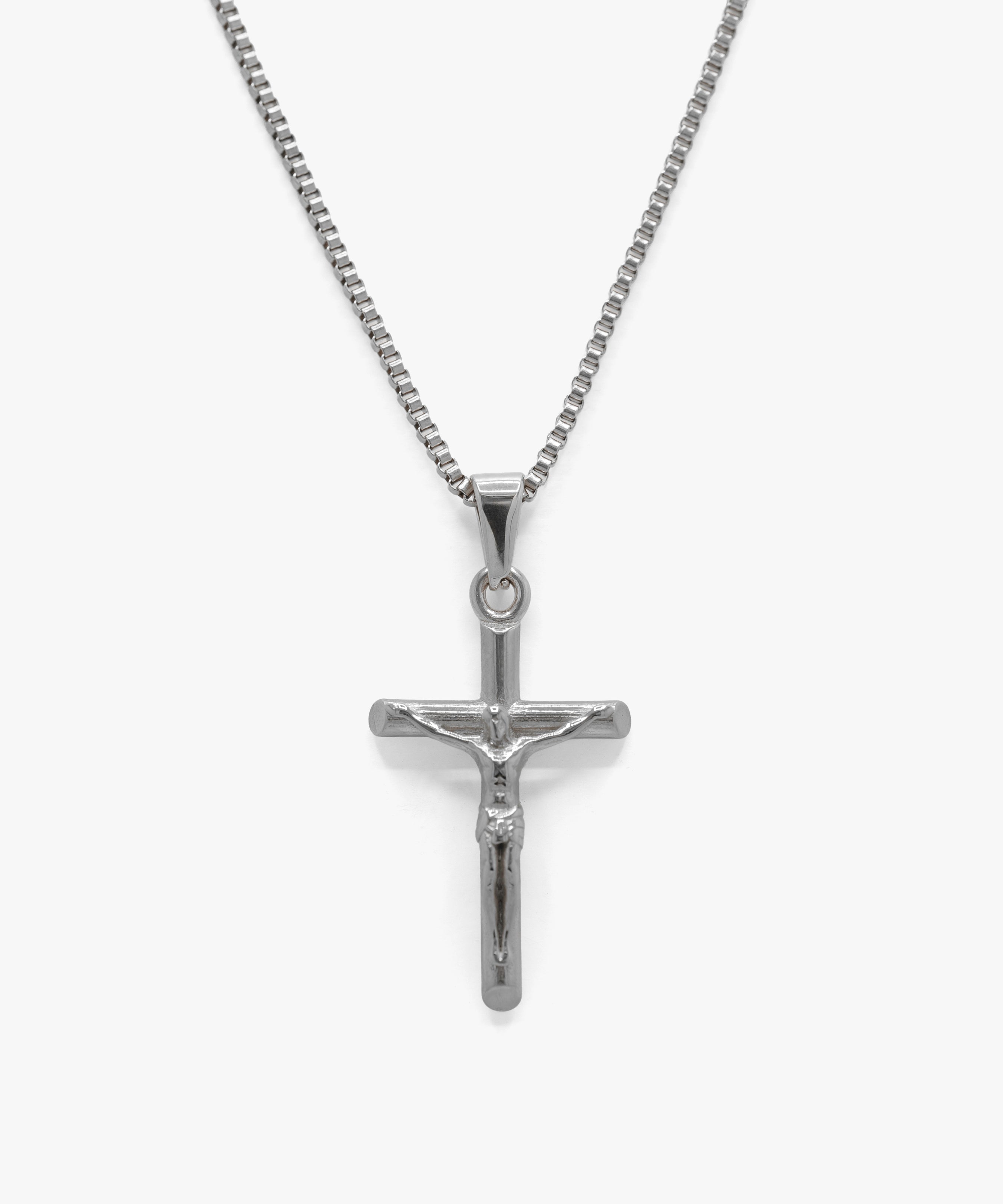 Silver crucifix pendant with box chain necklace, from NOVUS Amsterdam