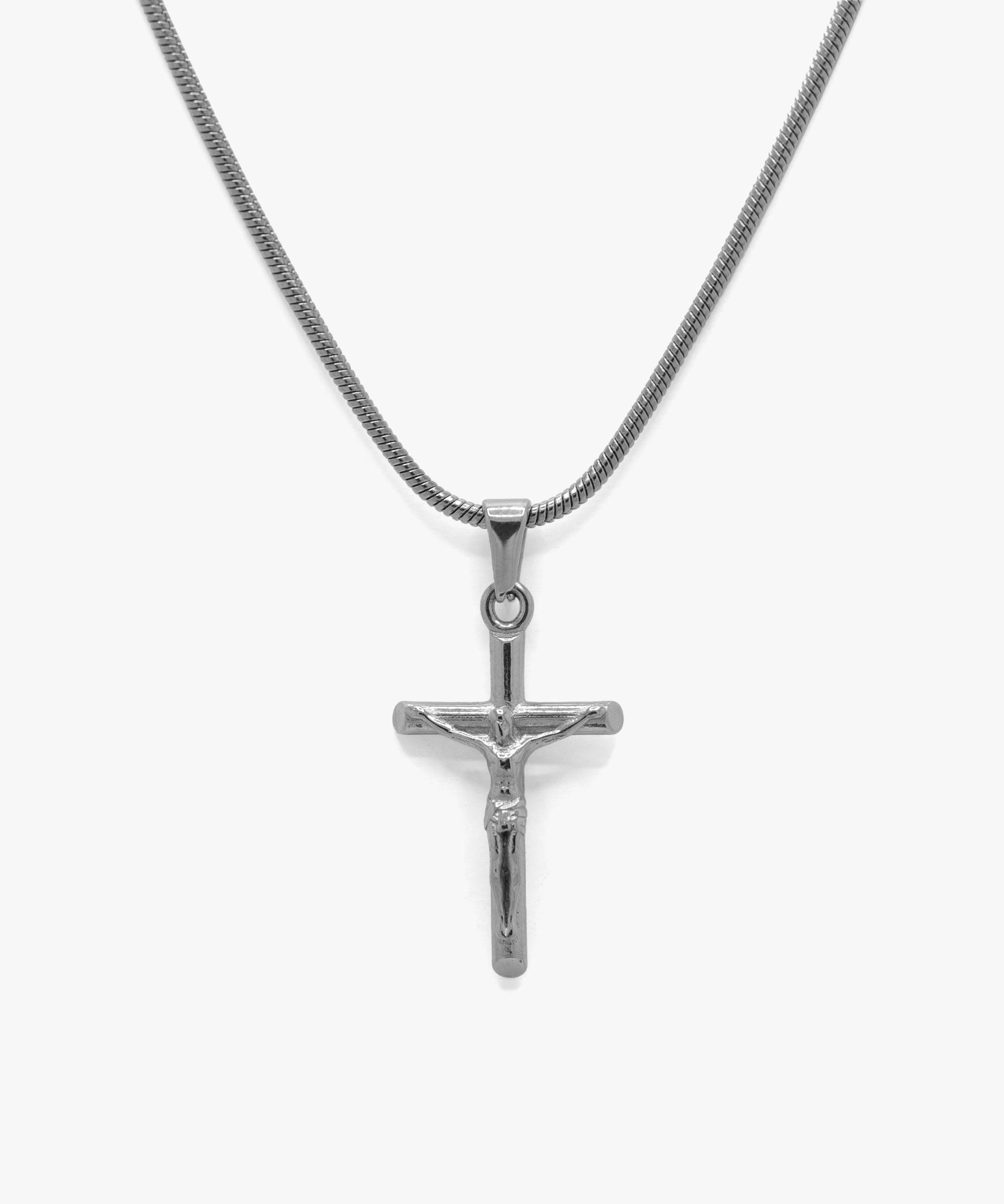 Silver crucifix pendant with snake chain necklace, from NOVUS Amsterdam