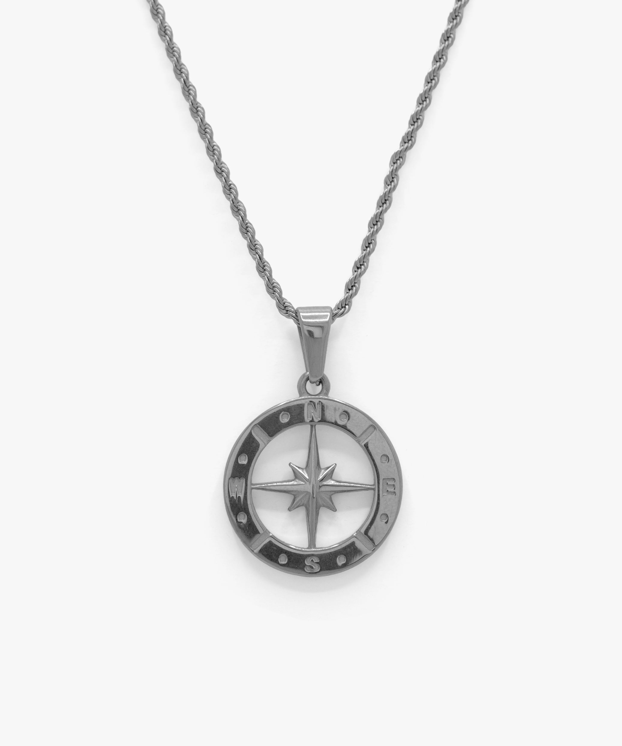 Silver half compass pendant with rope chain necklace, from NOVUS Amsterdam