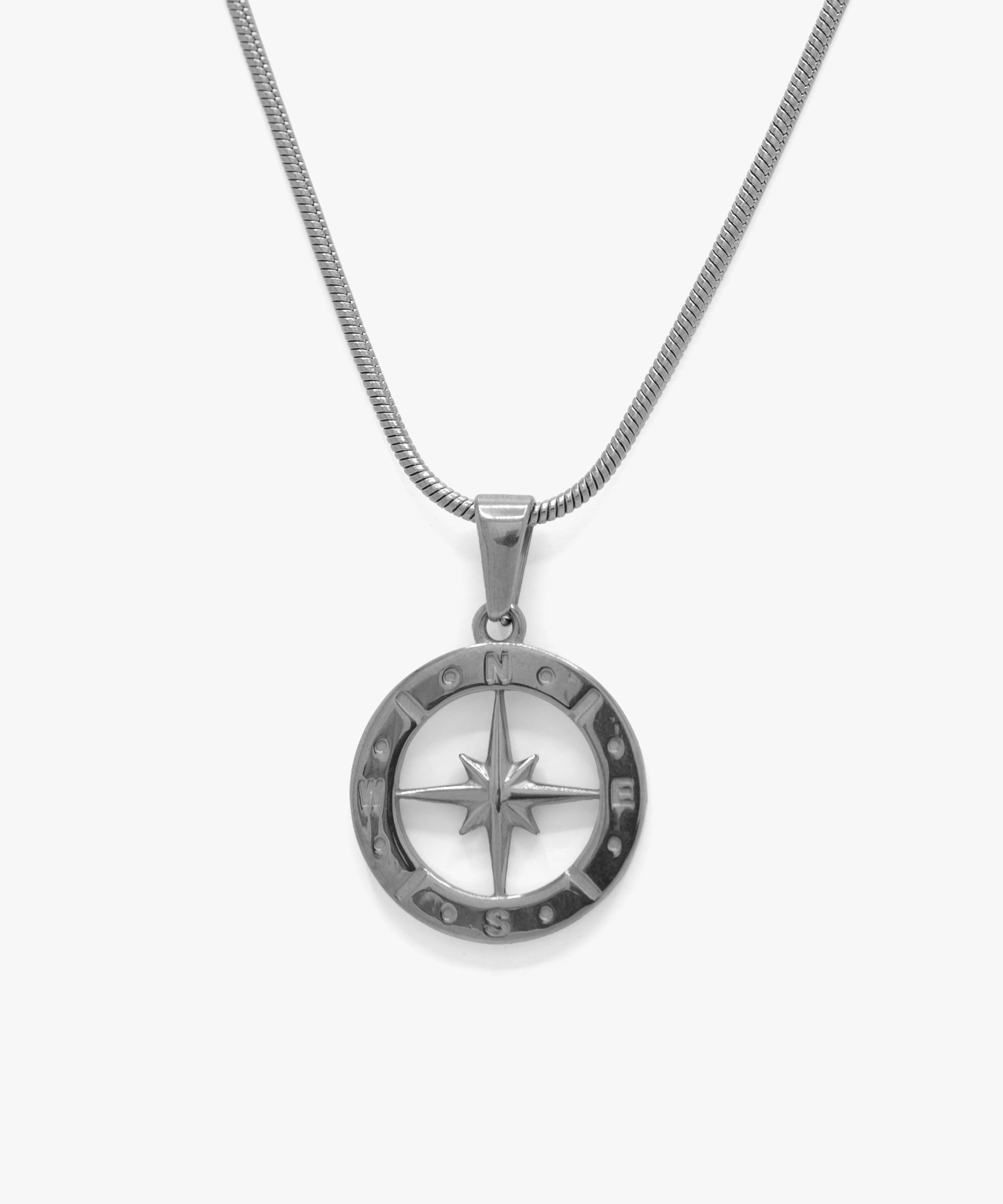 Silver half compass pendant with snake chain necklace, from NOVUS Amsterdam