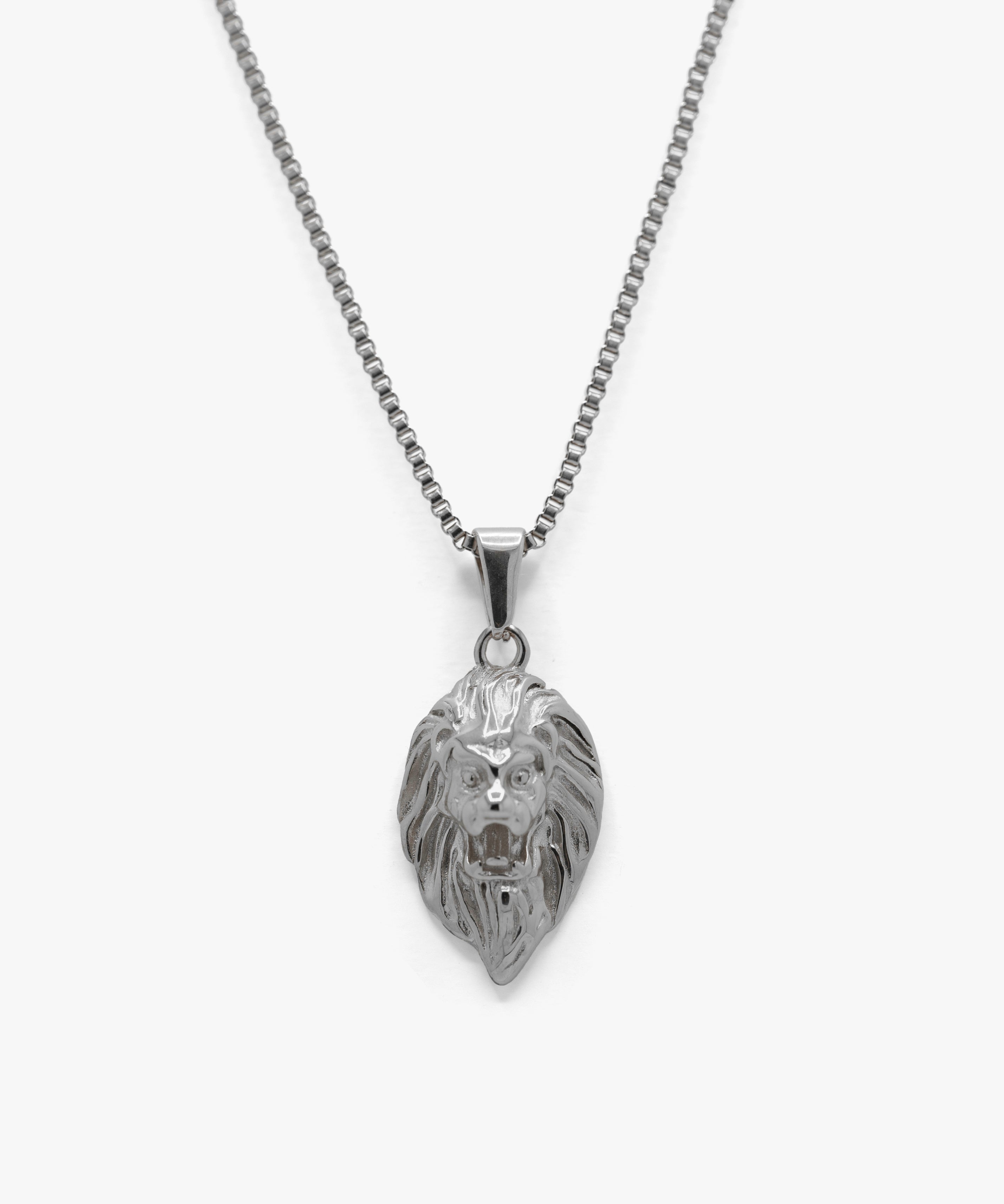 Silver lion pendant with box chain necklace, from NOVUS Amsterdam