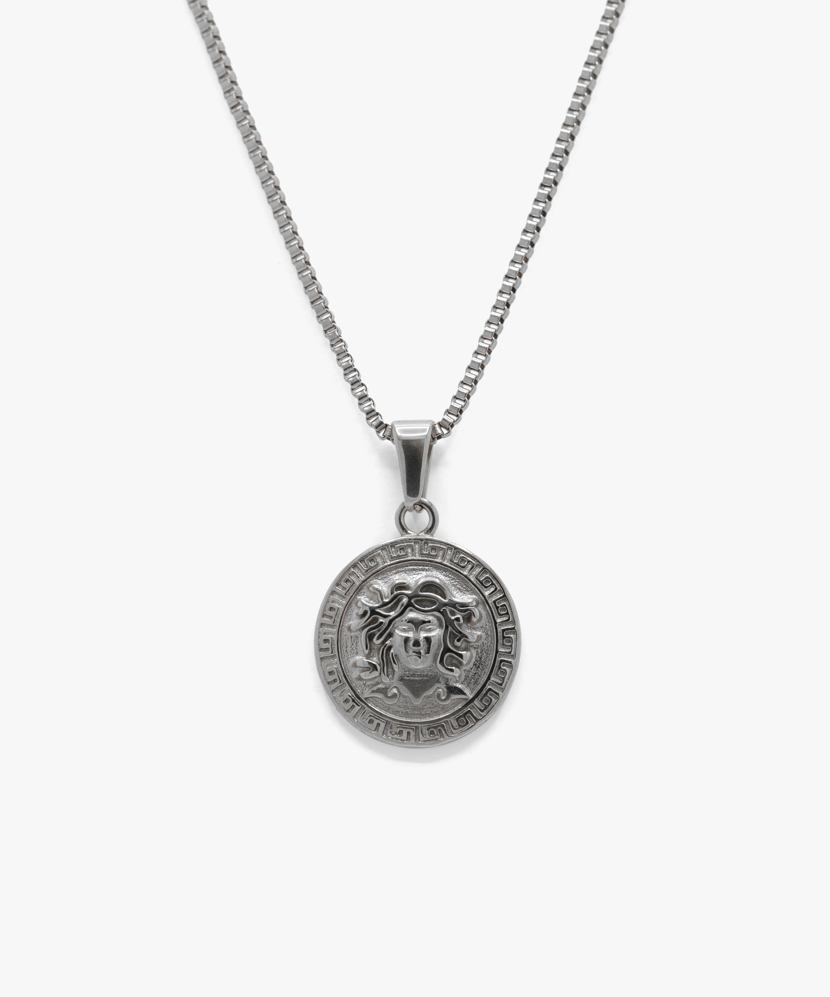 Silver medusa pendant with box chain necklace, from NOVUS Amsterdam