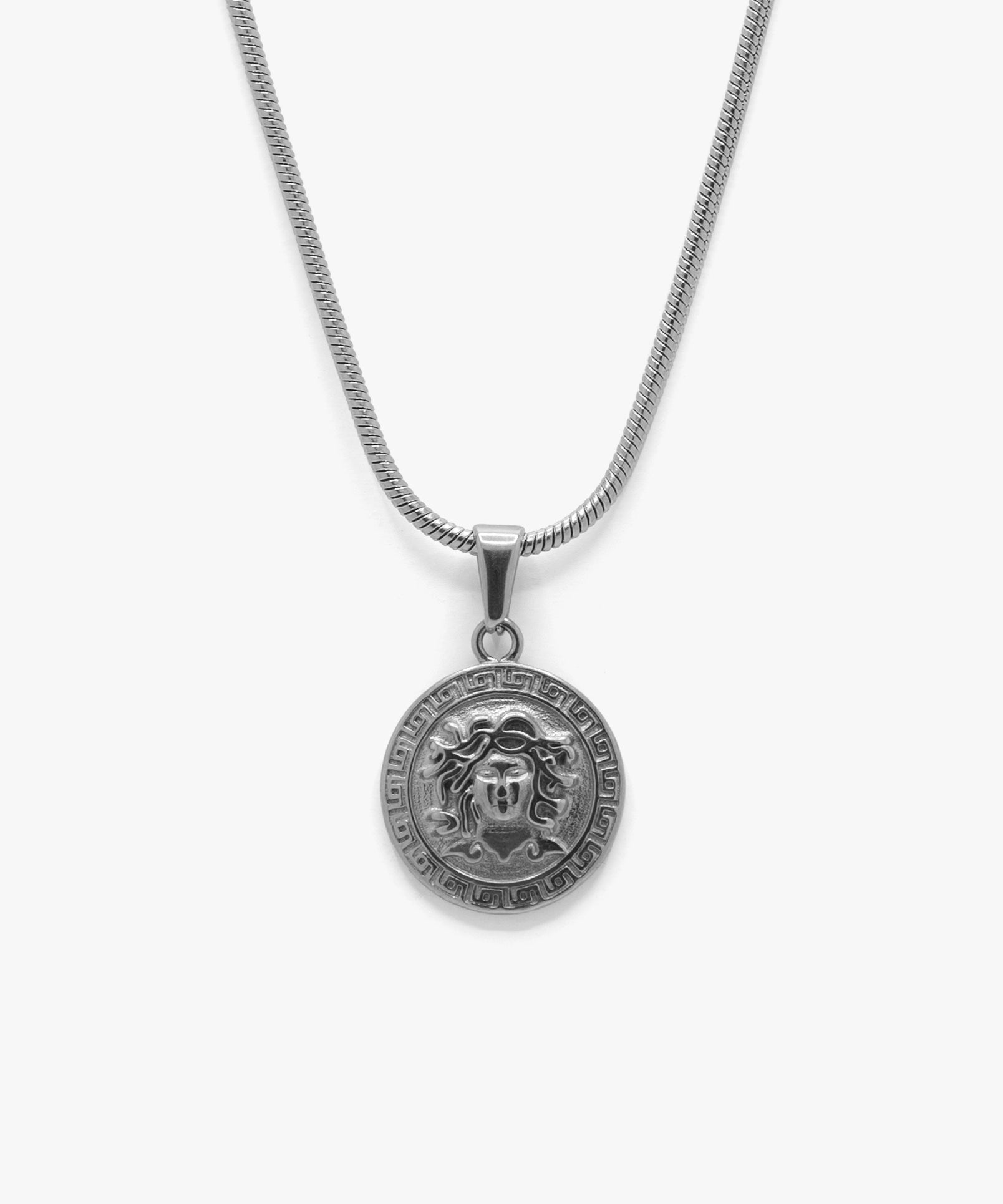 Silver medusa pendant with snake chain necklace, from NOVUS Amsterdam