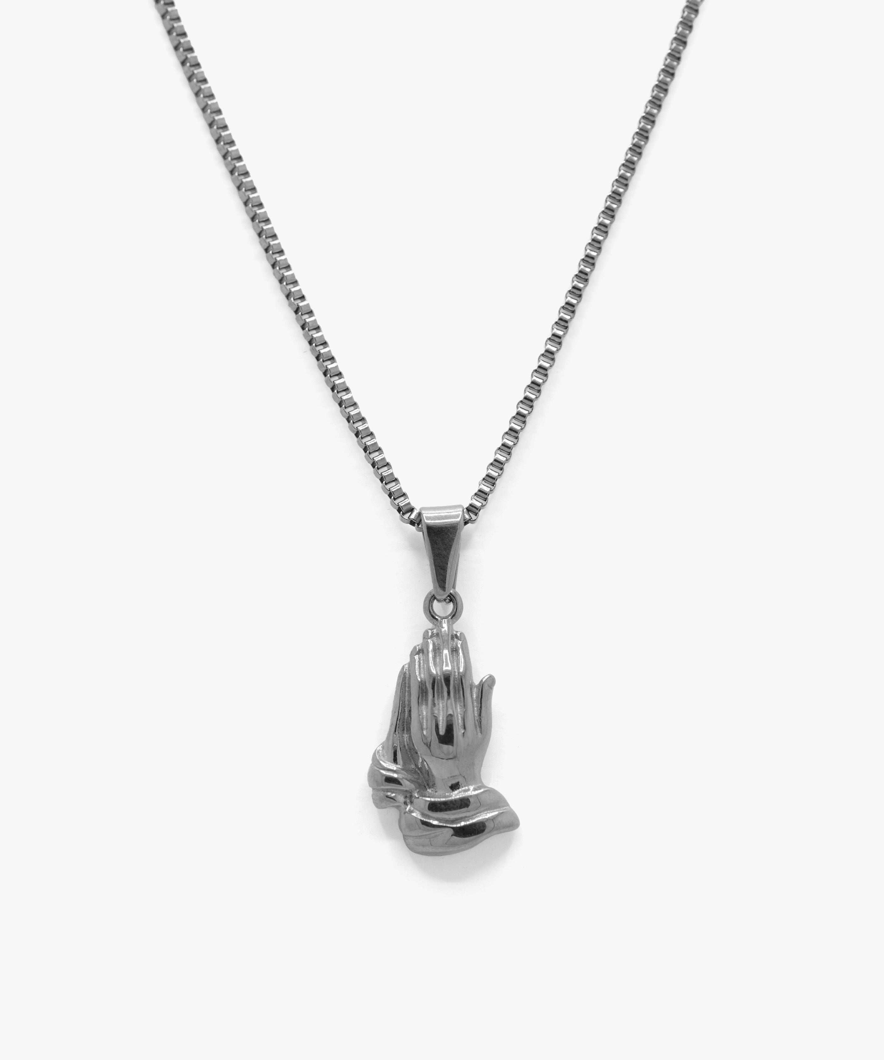 Silver praying hands pendant with box chain necklace, from NOVUS Amsterdam