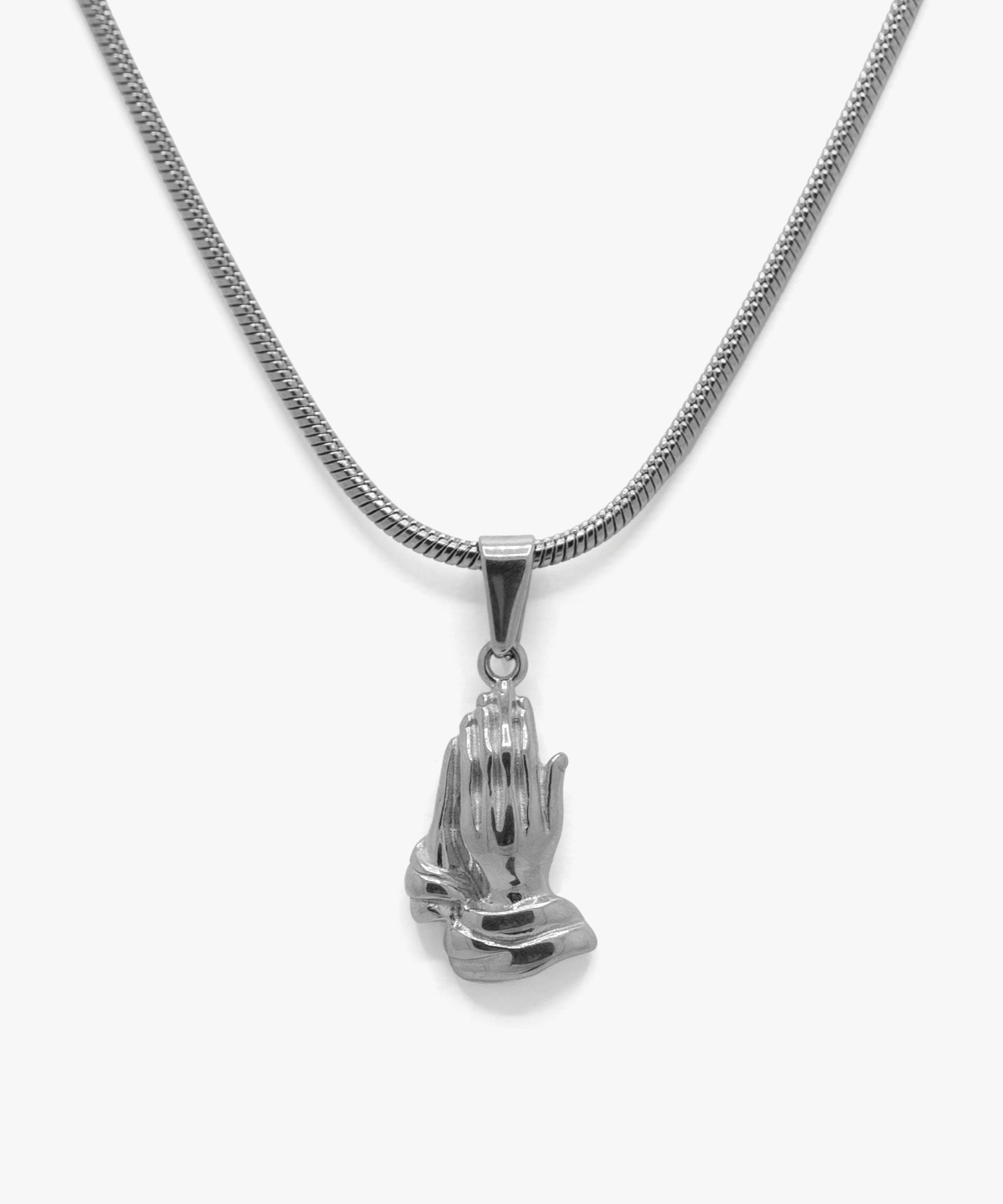 Silver praying hands pendant with snake chain necklace, from NOVUS Amsterdam